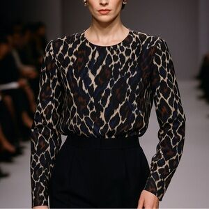 Louis Feraud Silk Ikat Leopard Blouse Chiffon Round Neck Long Sleeve Excellent 8